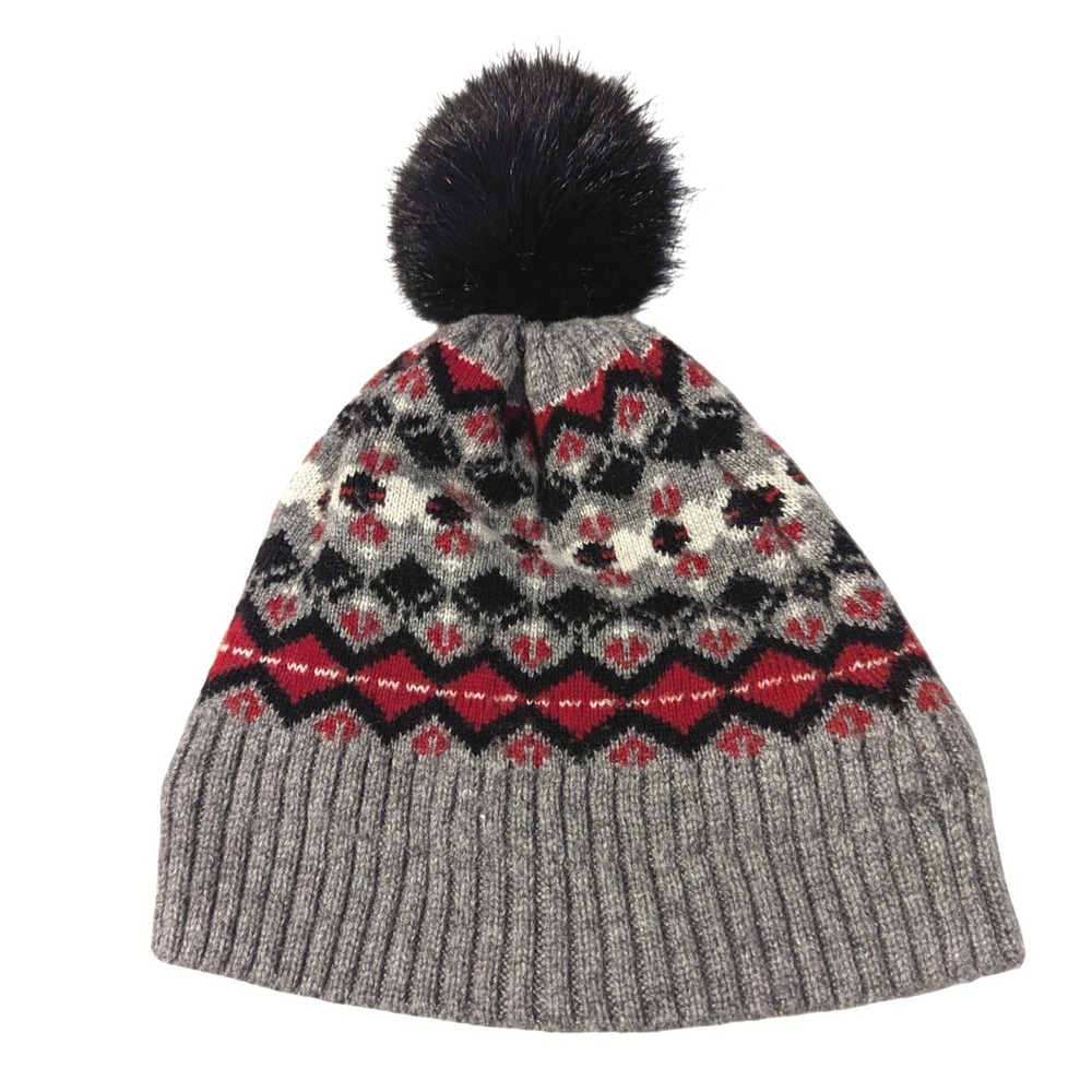 Vera Bradley Fair Isle Knit Beanie Gray Red Black Fleece Lined Faux Fur Pom Hat